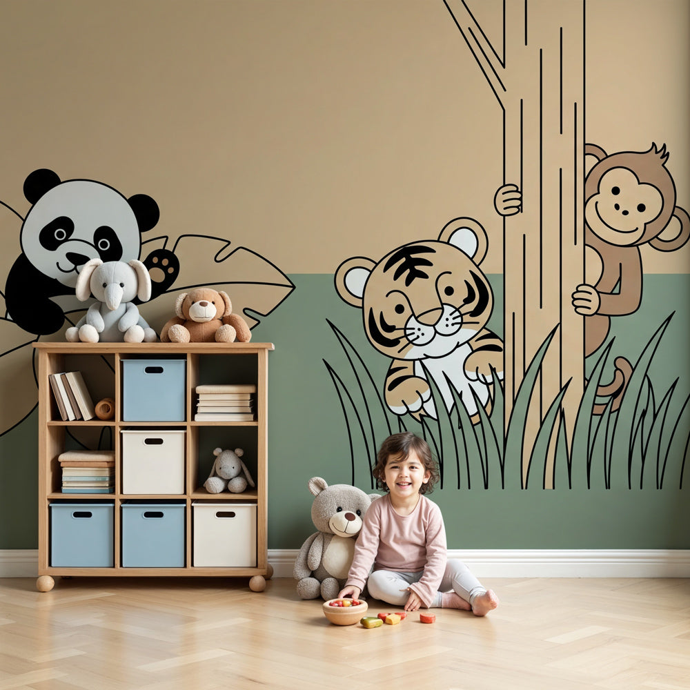 Jungle animals mural wallpaper creating safari themed nursery with panda tiger monkey by Kids-Mundo