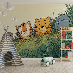 Safari theme mural wallpaper creating adventurous nursery decor with jungle animals