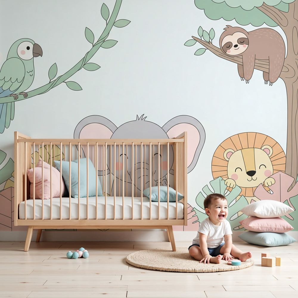 Jungle animals mural wallpaper with elephant and safari friends in bright nursery by Kids-Mundo