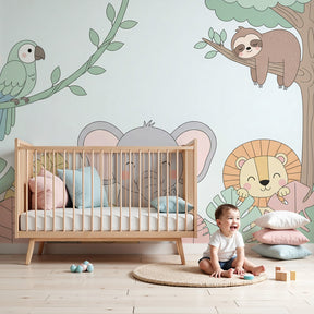 Jungle animals mural wallpaper with elephant and safari friends in bright nursery by Kids-Mundo