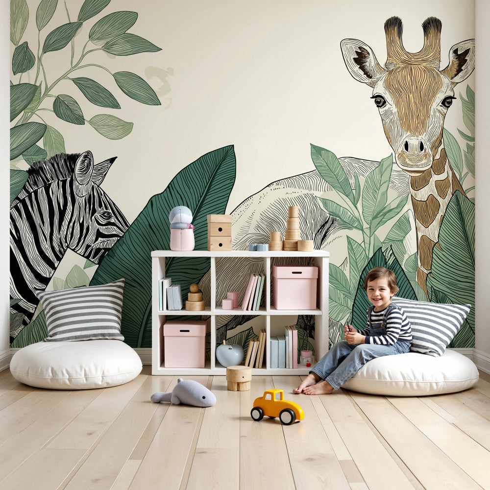 Jungle animals mural wallpaper featuring safari creatures in modern kids nursery by Kids-Mundo