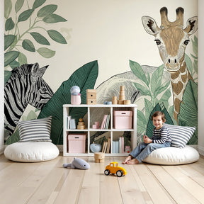 Jungle animals mural wallpaper featuring safari creatures in modern kids nursery by Kids-Mundo