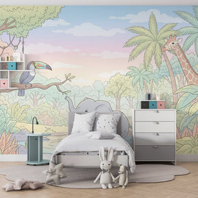 Tropical elephant and toucan wallpaper creating adventurous nursery atmosphere with natural wood furniture
