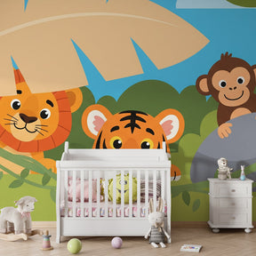 Tropical jungle wallpaper creating adventurous nursery atmosphere with lion tiger monkey design