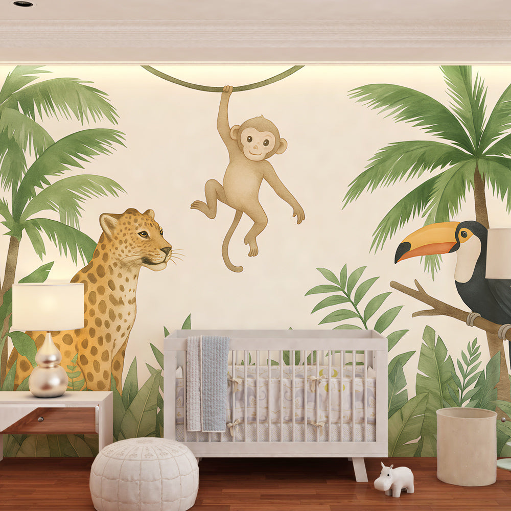 Safari adventure wallpaper creating tropical nursery atmosphere with wooden furniture