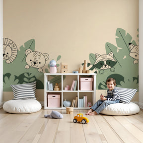 Jungle animals mural wallpaper in modern baby nursery with safari creatures and green foliage by Kids-Mundo