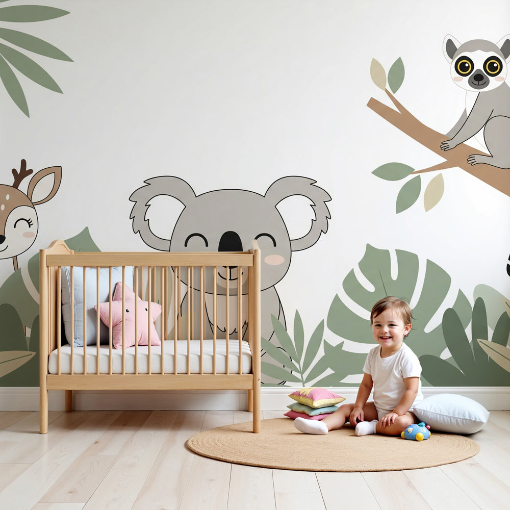 Jungle animals mural wallpaper with koala and safari friends in modern nursery by Kids-Mundo