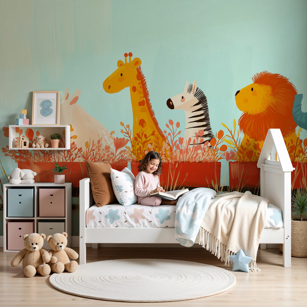Jungle animals safari train mural wallpaper in modern nursery room by Kids-Mundo
