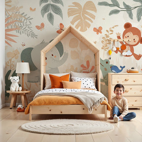 Jungle animals mural wallpaper creating safari themed nursery with elephant monkey crocodile by Kids-Mundo
