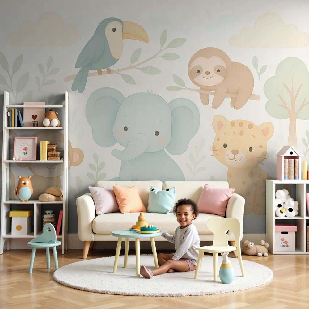 Pastel jungle animals mural wallpaper in modern nursery with wooden furniture by Kids-Mundo