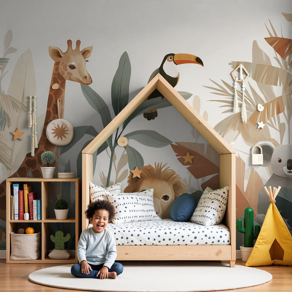 Gentle jungle animals mural wallpaper in modern nursery with natural wood furniture by Kids-Mundo