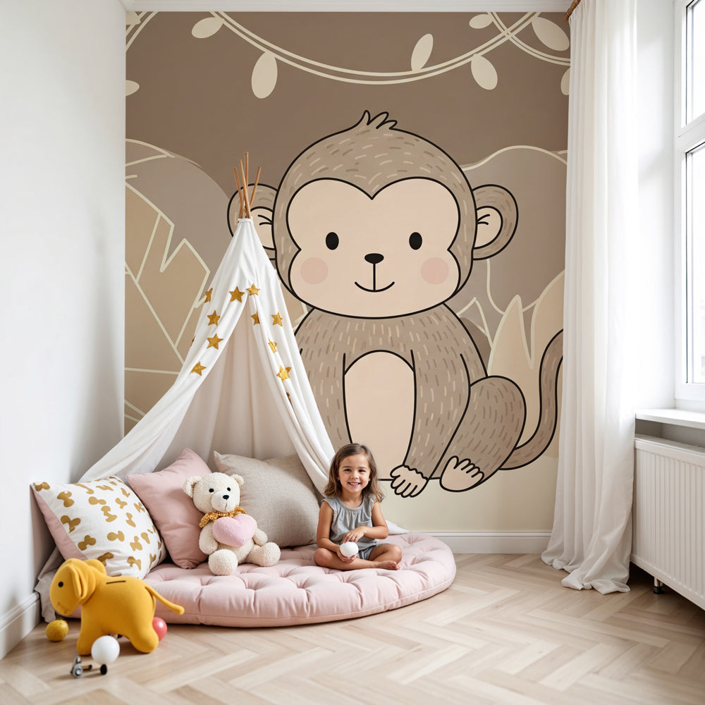 Jungle animals mural wallpaper with monkey and elephants decorating modern nursery by Kids-Mundo