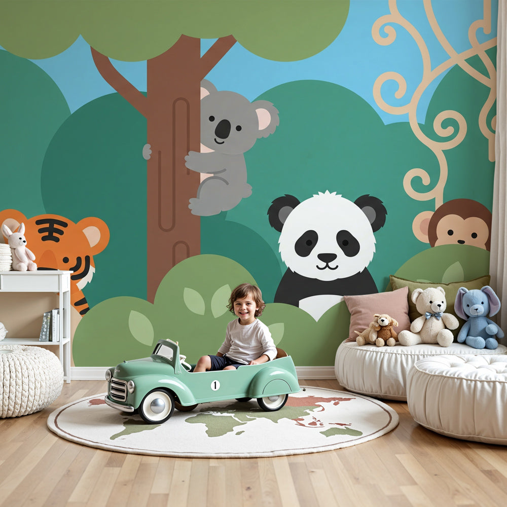 Jungle animals mural wallpaper in modern nursery with koala panda monkey safari theme by Kids-Mundo