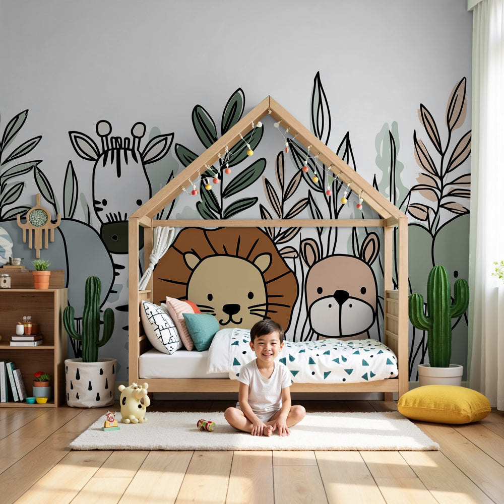 Jungle animals mural wallpaper in modern nursery with safari elephant and lion design by Kids-Mundo
