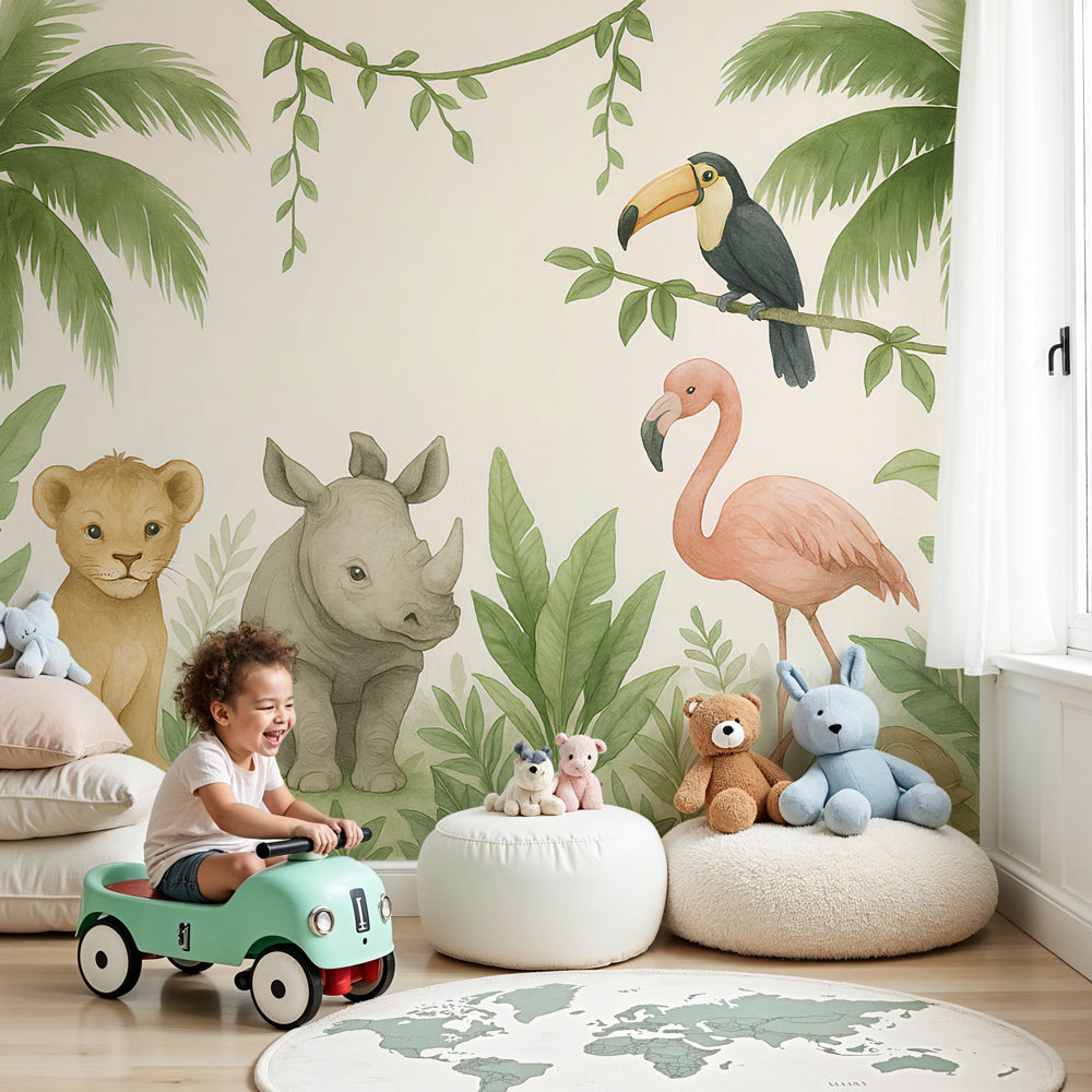 Jungle animals mural wallpaper with tropical safari theme in modern kids nursery by Kids-Mundo