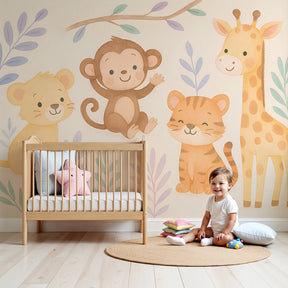 Jungle animals mural wallpaper in modern nursery with safari theme by Kids-Mundo