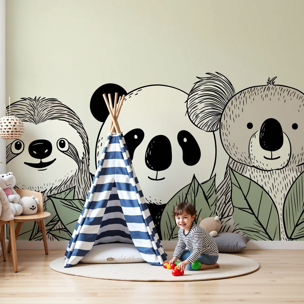 Jungle animals mural wallpaper featuring cute safari friends in modern nursery by Kids-Mundo