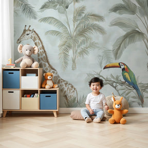 Watercolor jungle animals mural wallpaper with giraffe and toucan in modern nursery by Kids-Mundo