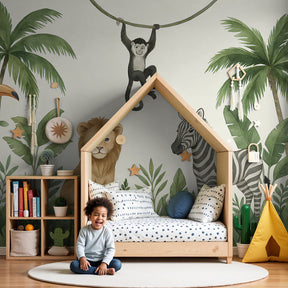 Jungle animals mural wallpaper with safari theme in modern kids nursery by Kids-Mundo