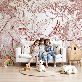 Jungle animals mural wallpaper with gorilla and antelope in modern nursery room by Kids-Mundo