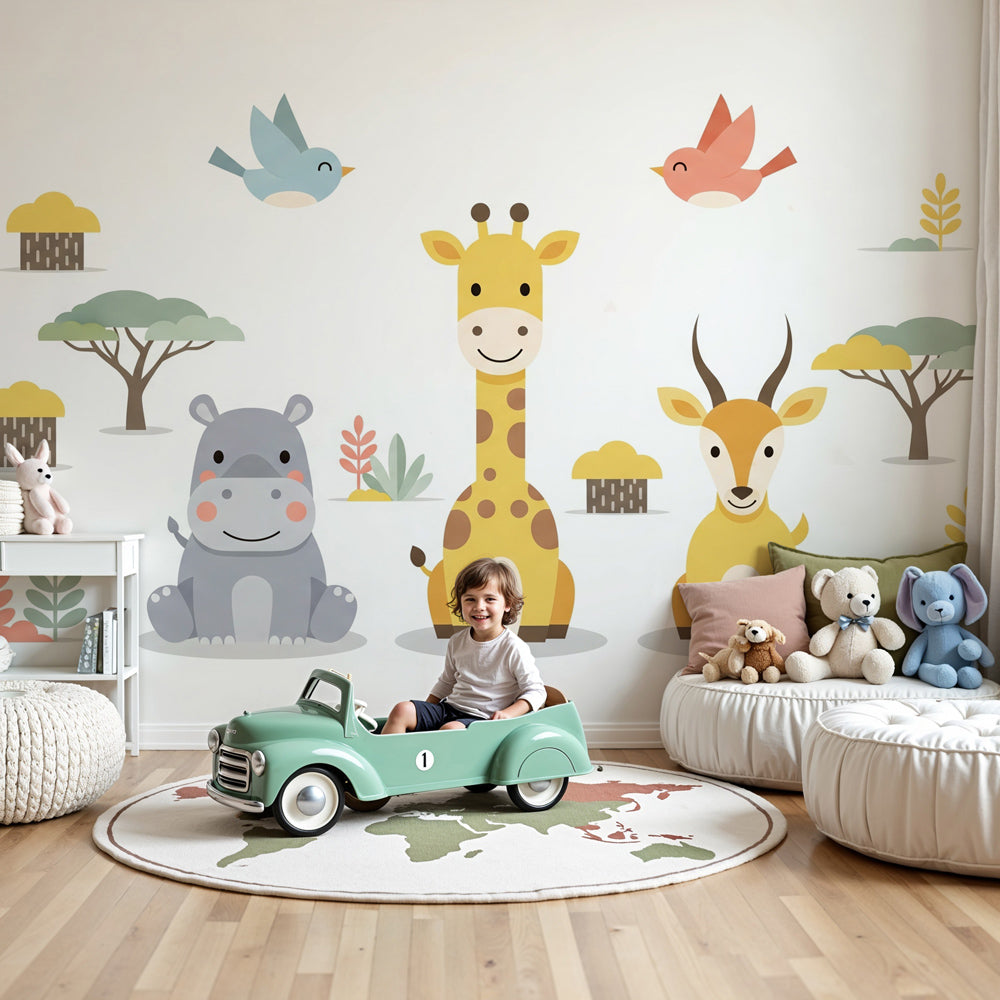 Jungle animals mural wallpaper with safari friends in modern kids nursery by Kids-Mundo