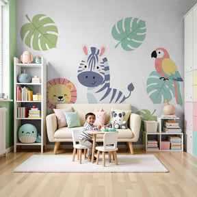Jungle animals mural wallpaper with lion and zebra in modern nursery room by Kids-Mundo