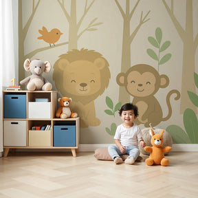 Jungle animals mural wallpaper with lion and monkey in modern nursery by Kids-Mundo