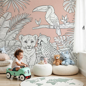 Jungle animals mural wallpaper with lion cub and cheetah in modern nursery by Kids-Mundo