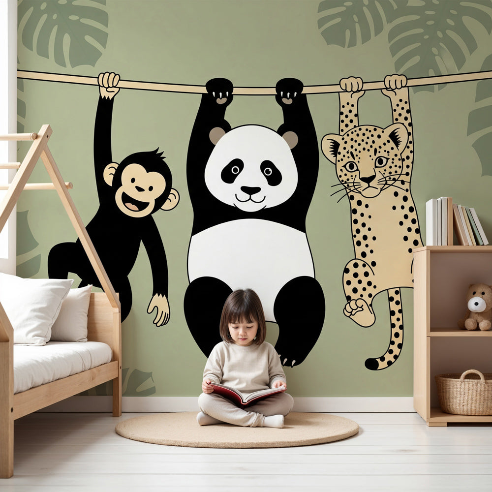 Jungle animals mural wallpaper with hanging safari friends in modern nursery by Kids-Mundo