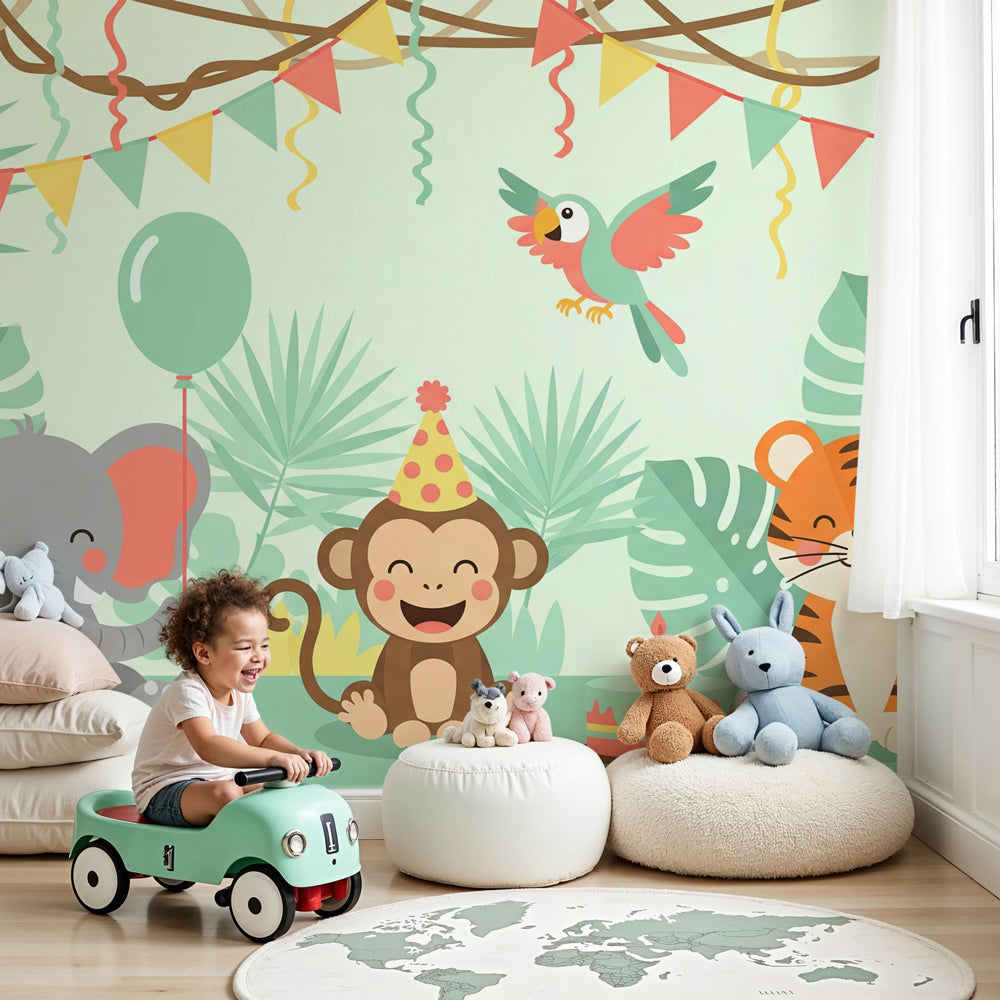 Jungle animals party mural wallpaper in modern nursery with tropical celebration theme by Kids-Mundo