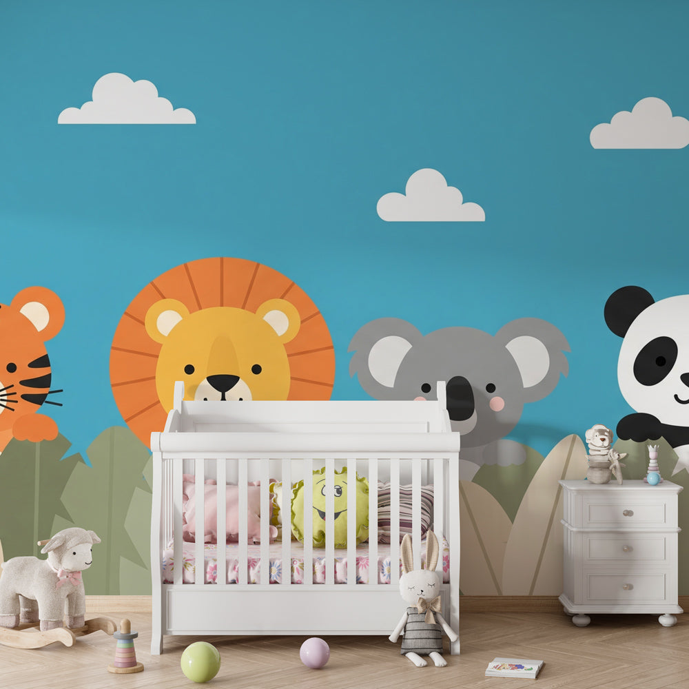 Colorful jungle theme mural wallpaper transforming kids playroom into wildlife adventure space