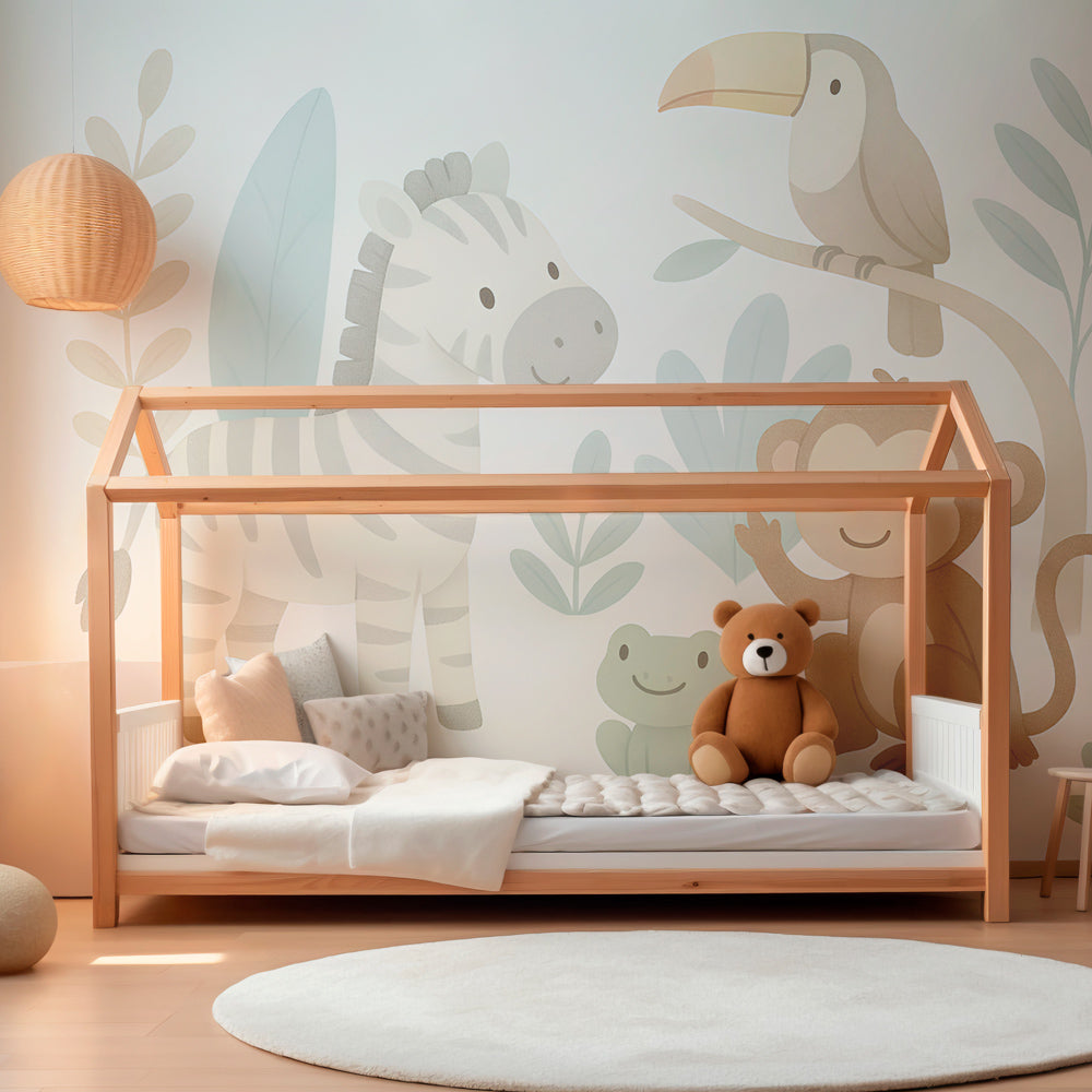 Adorable jungle wallpaper featuring toucan and frog in colorful children's playroom