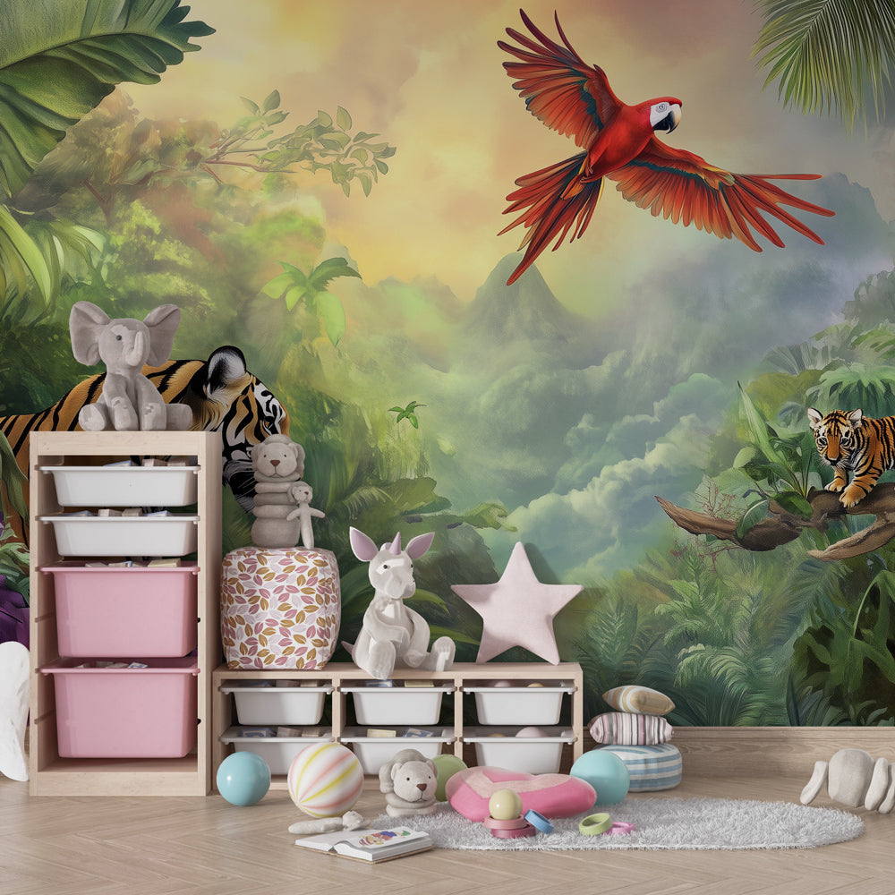 Tropical animals wallpaper transforming children's playroom into jungle adventure space