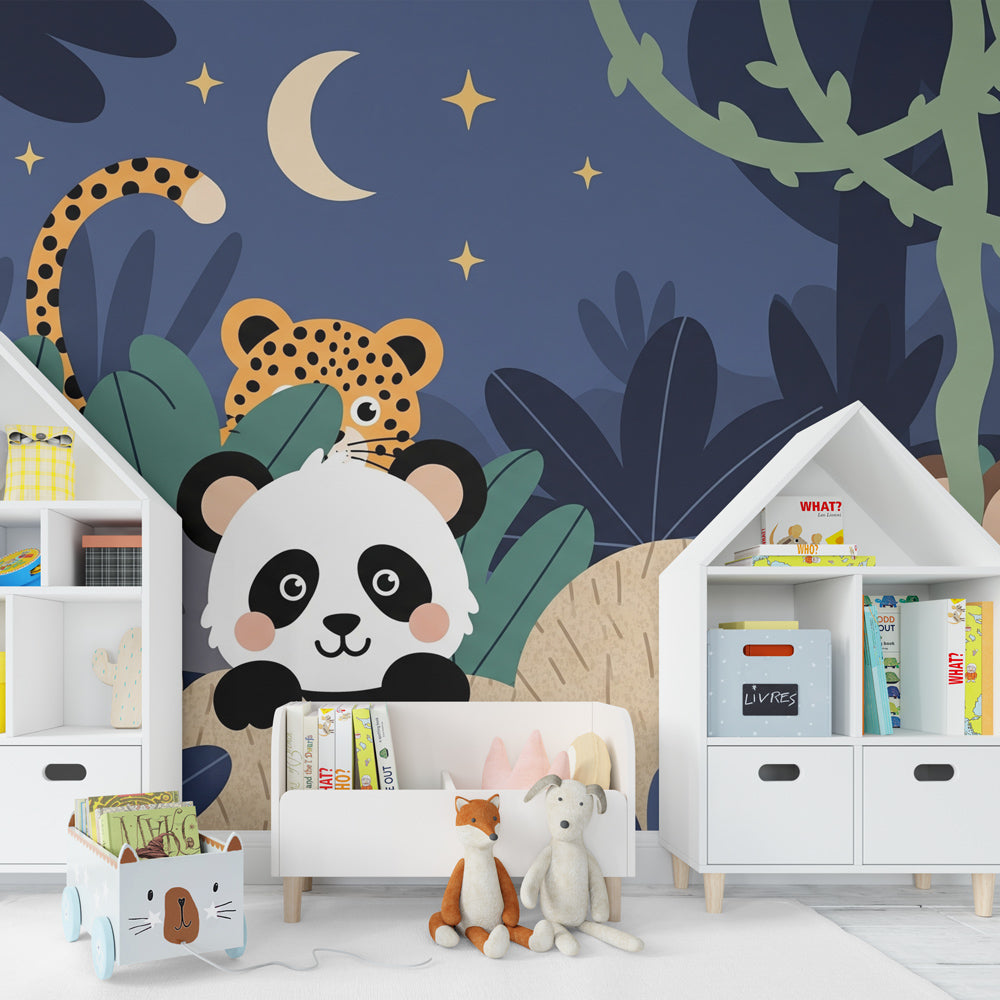 Tropical jungle mural wallpaper featuring panda and monkey in children's playroom setting