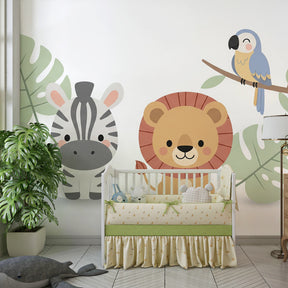 Colorful jungle animals wallpaper with tropical leaves in bright kids playroom