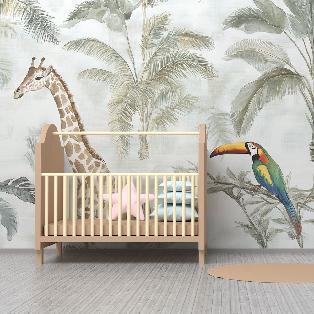 Tropical jungle animal wallpaper featuring watercolor giraffe in bright kids playroom