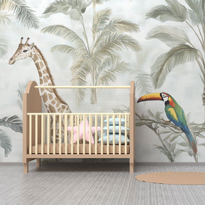 Tropical jungle animal wallpaper featuring watercolor giraffe in bright kids playroom