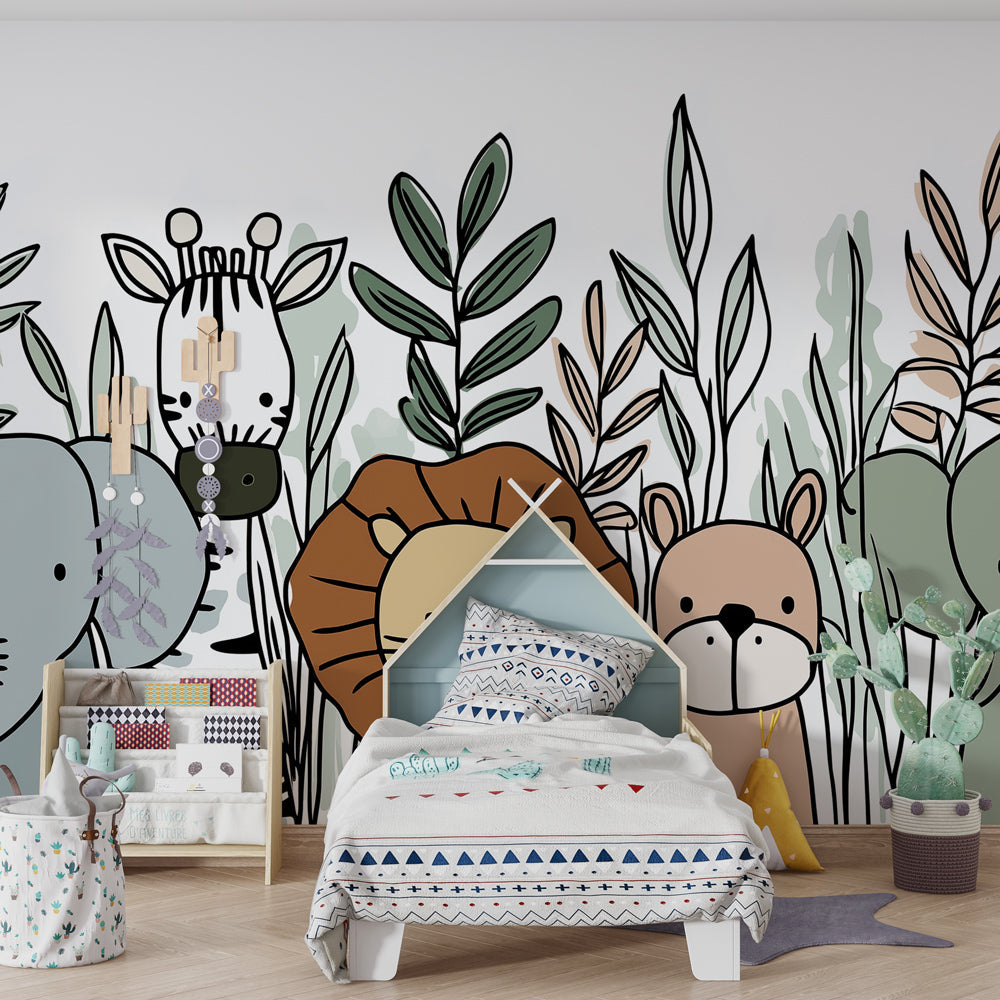 Happy jungle animals mural wallpaper transforming playroom into safari adventure space for kids
