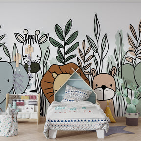 Happy jungle animals mural wallpaper transforming playroom into safari adventure space for kids