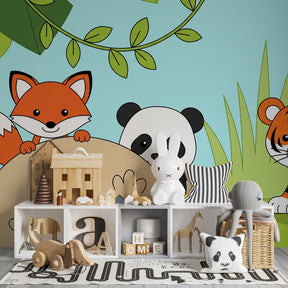 Tropical jungle mural wallpaper in bright children's playroom with colorful animal friends