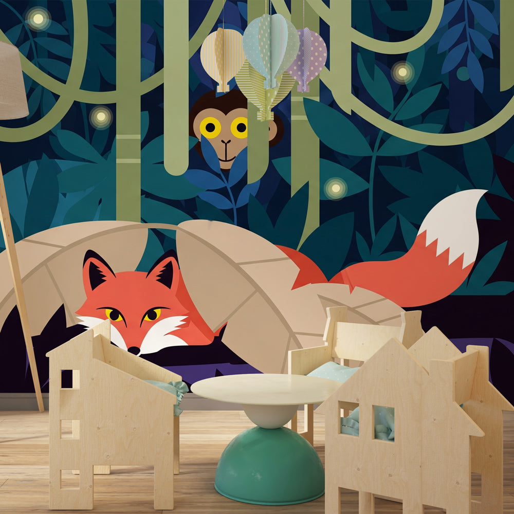 Safari animal mural wallpaper transforming children's playroom into jungle adventure space
