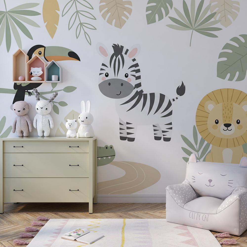 Cute jungle animals mural wallpaper featuring lion and crocodile for kids playroom decor