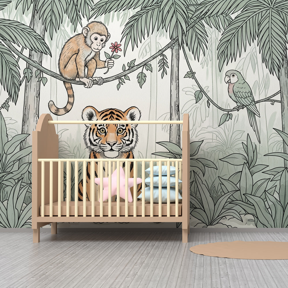 Vibrant jungle animals wallpaper featuring tiger monkey parrot in children's playroom setting