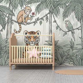 Vibrant jungle animals wallpaper featuring tiger monkey parrot in children's playroom setting