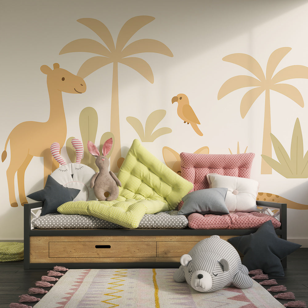 Tropical animals mural wallpaper featuring palm trees in children's playroom by Kids-Mundo