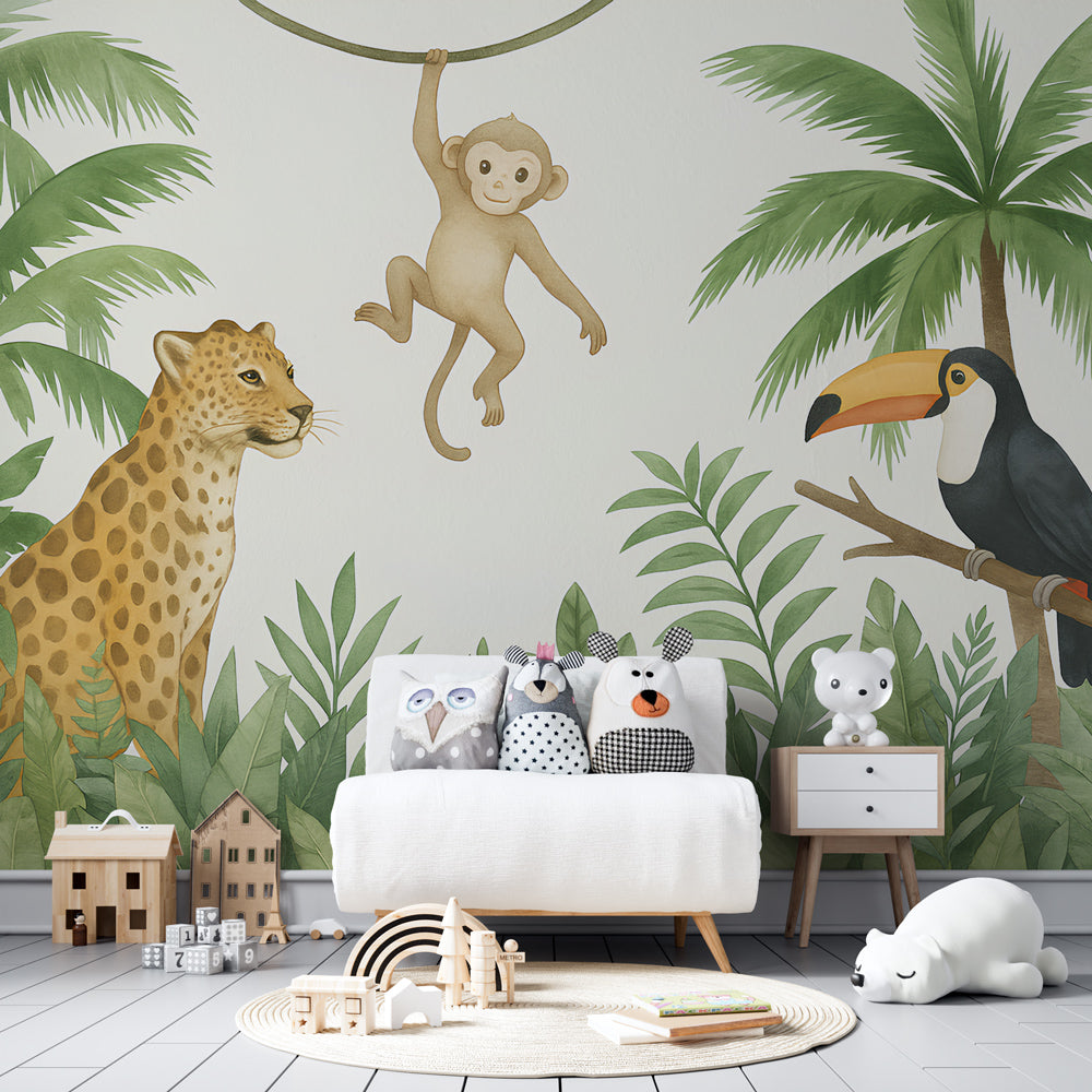 Children's jungle theme wallpaper with toucan and tropical plants in bright playroom setting