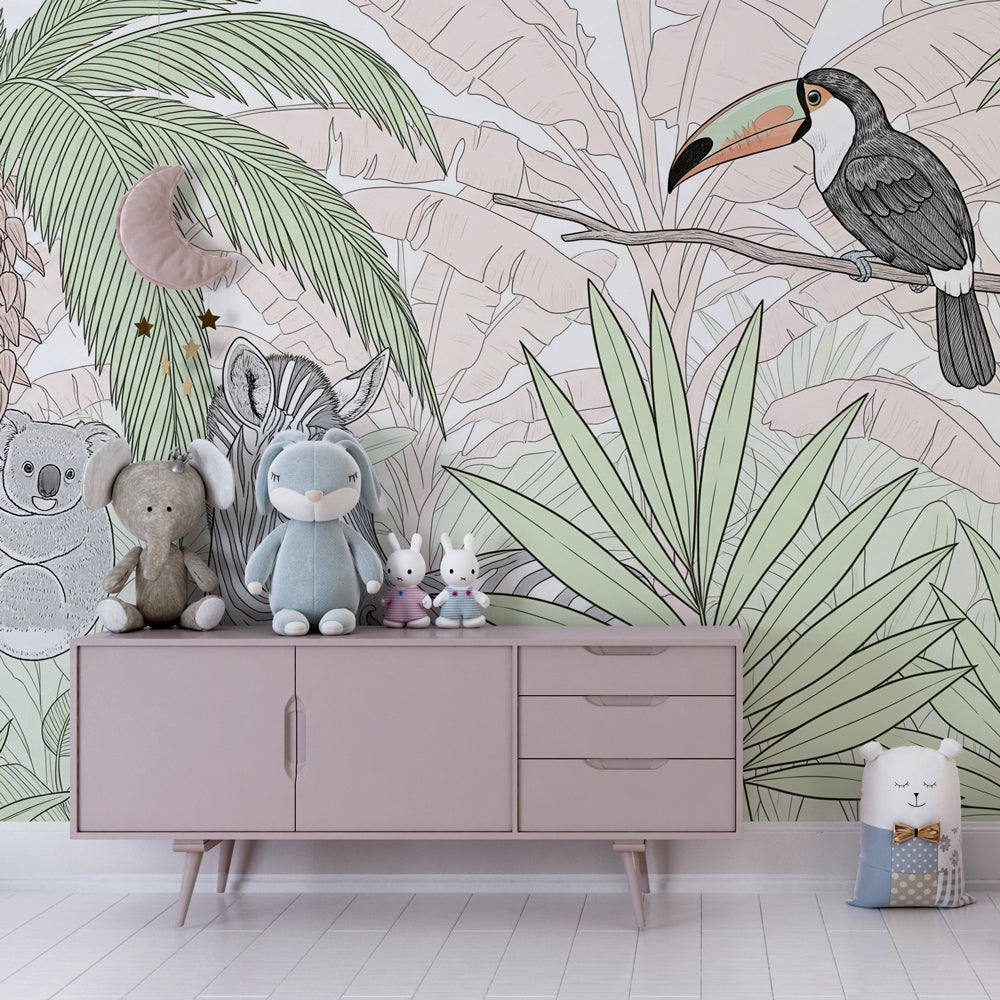 Tropical jungle wallpaper featuring colorful toucan in children's playroom decor