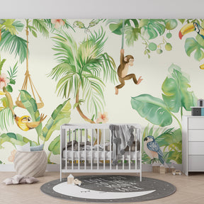 Vibrant jungle animals wallpaper with tropical birds and lush foliage in kids playroom setting