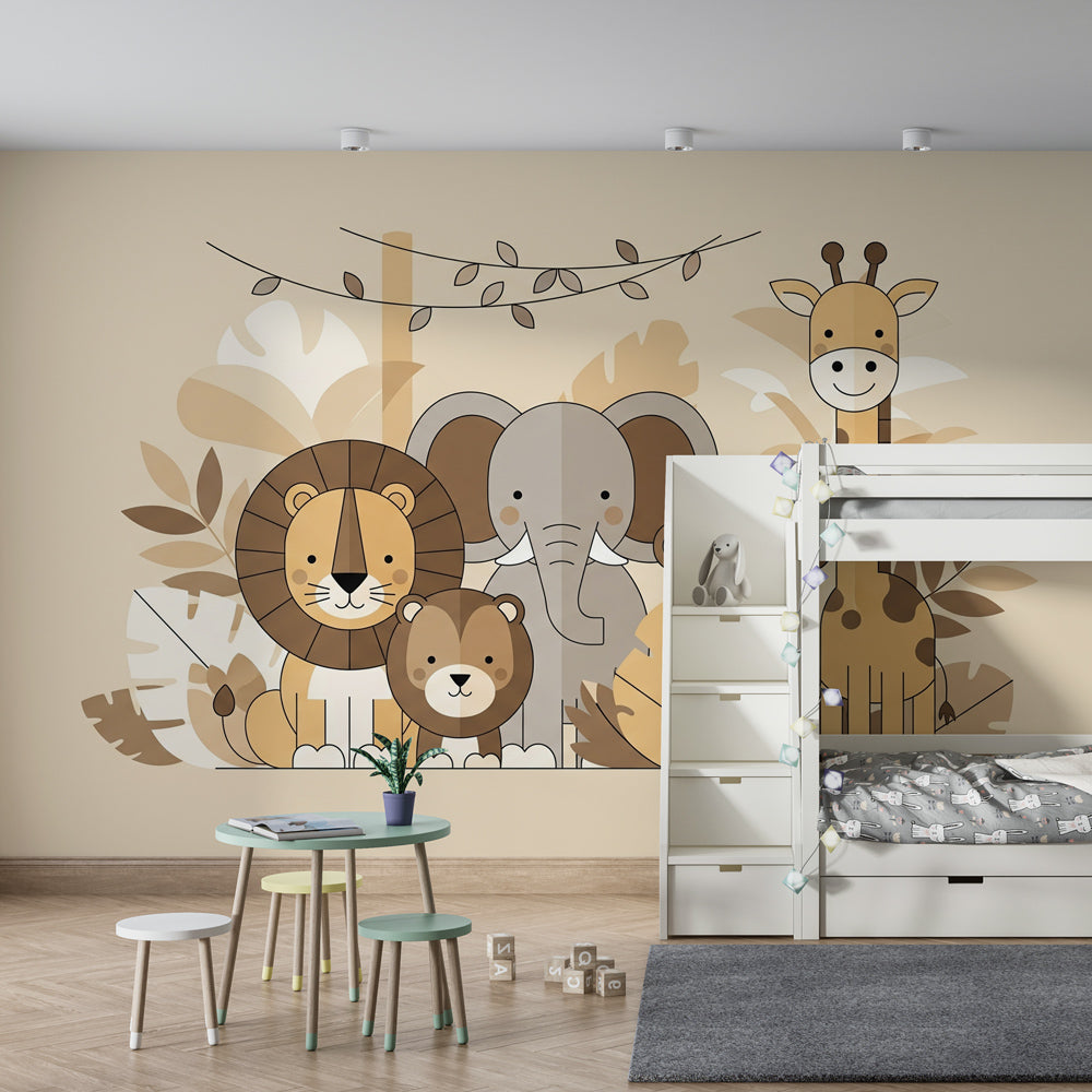 Safari themed mural wallpaper transforming children's playroom into jungle adventure