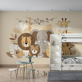 Safari themed mural wallpaper transforming children's playroom into jungle adventure